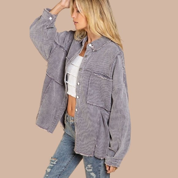 Look Effortlessly Boho Chic POL Grey Violet Corduroy Shirt Jacket Shacket - Picture 3 of 5